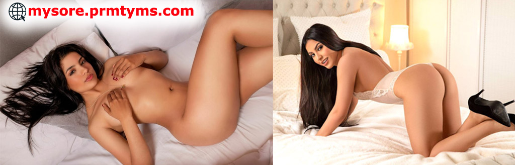Promotional banner for Mysore escort services website featuring models in a luxury bedroom setting.
