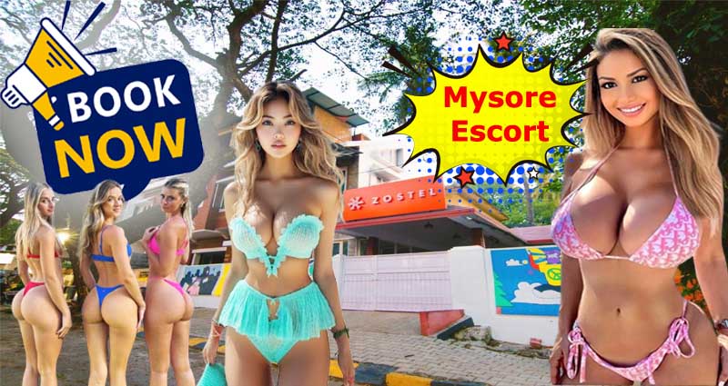 Mysore escort services banner with models and Book Now promotion at zostel background
